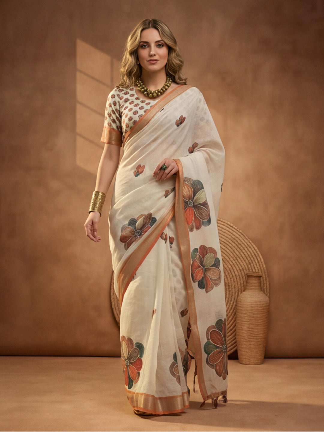 Off White Linen Cotton Digital Printed Floral Saree