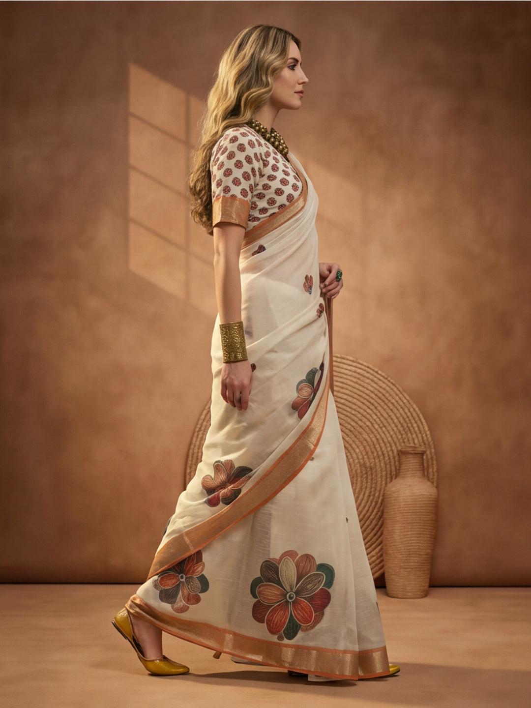 Off White Linen Cotton Digital Printed Floral Saree