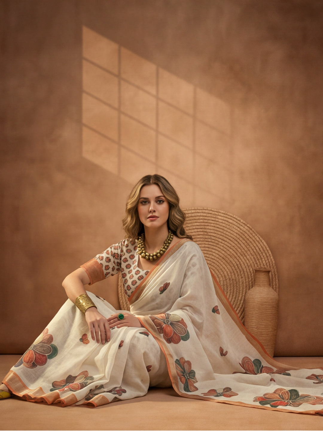 Off White Linen Cotton Digital Printed Floral Saree