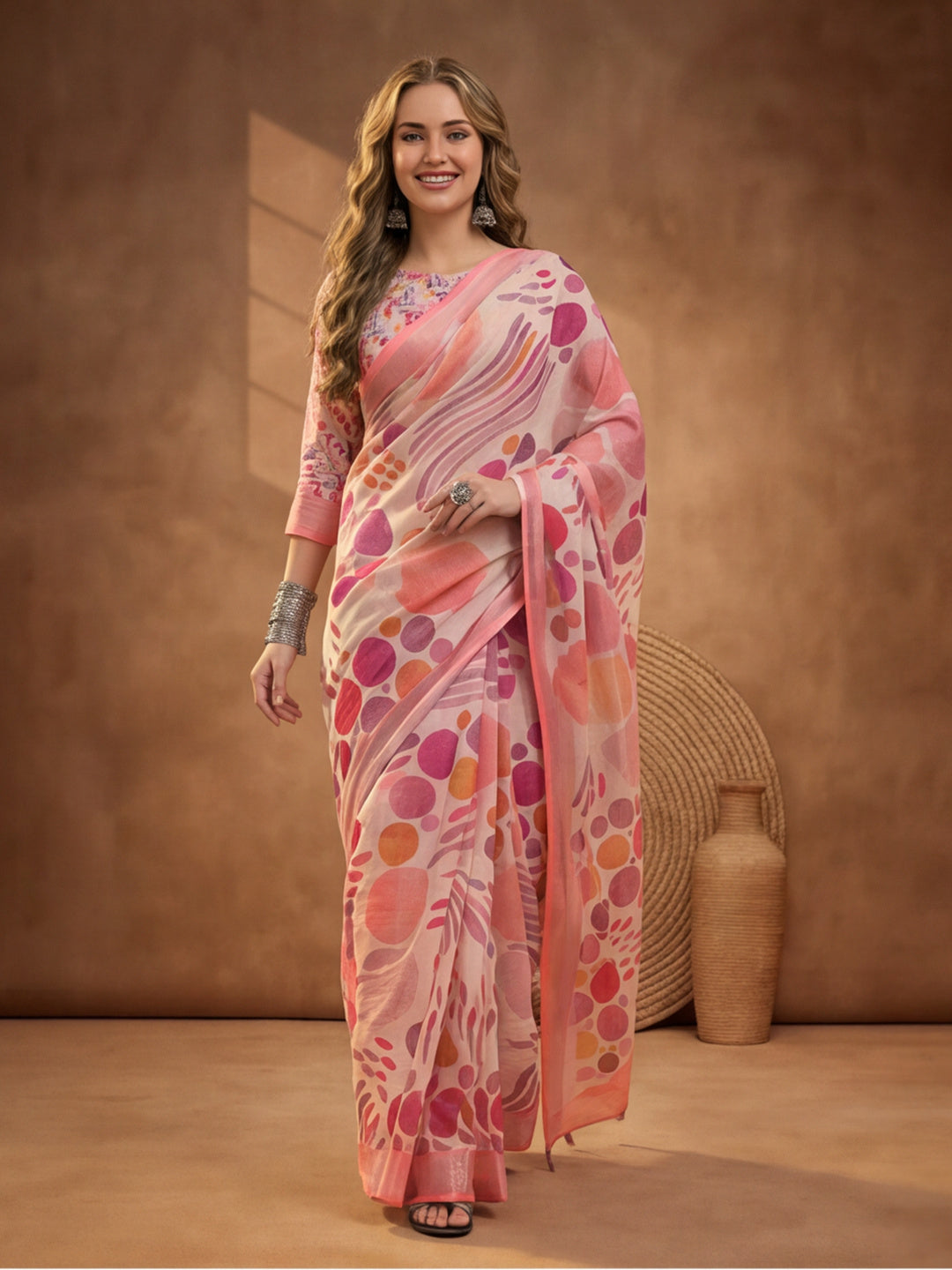 Peach Linen Cotton Digital Printed Abstract Saree