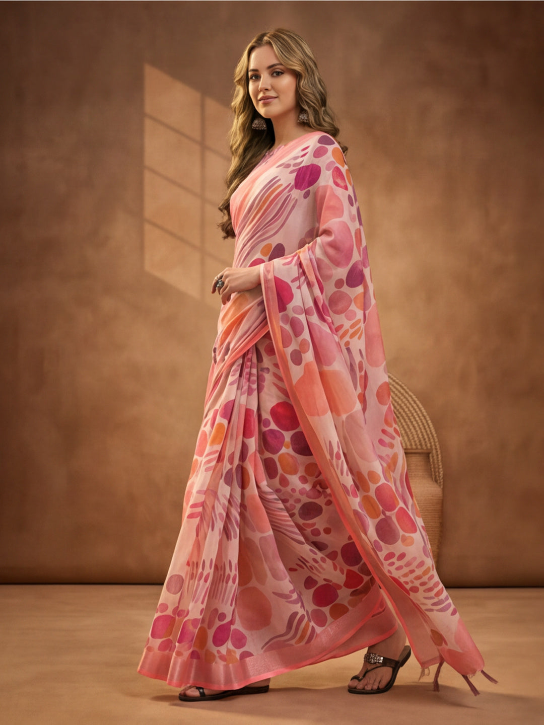 Peach Linen Cotton Digital Printed Abstract Saree