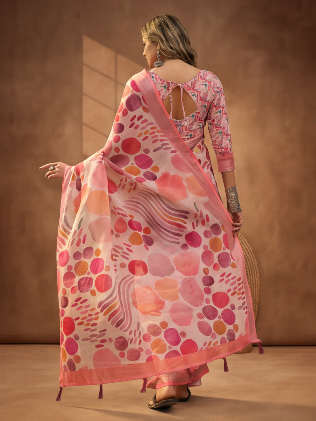 Peach Linen Cotton Digital Printed Abstract Saree