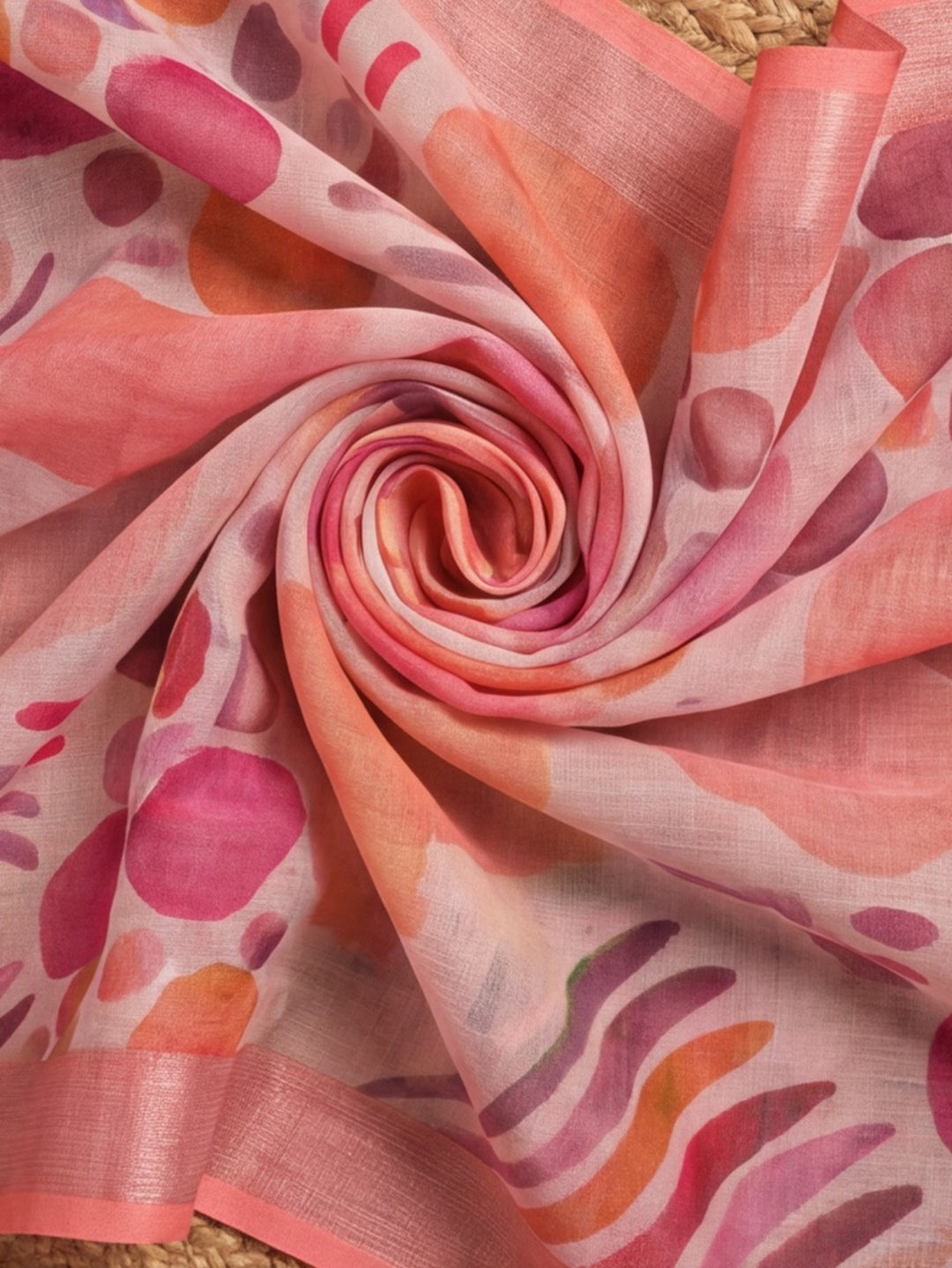 Peach Linen Cotton Digital Printed Abstract Saree