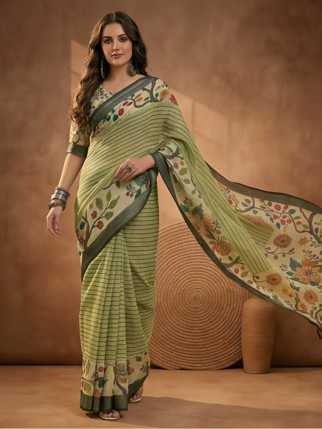 Pista Green Linen Cotton Digital Printed Floral Saree