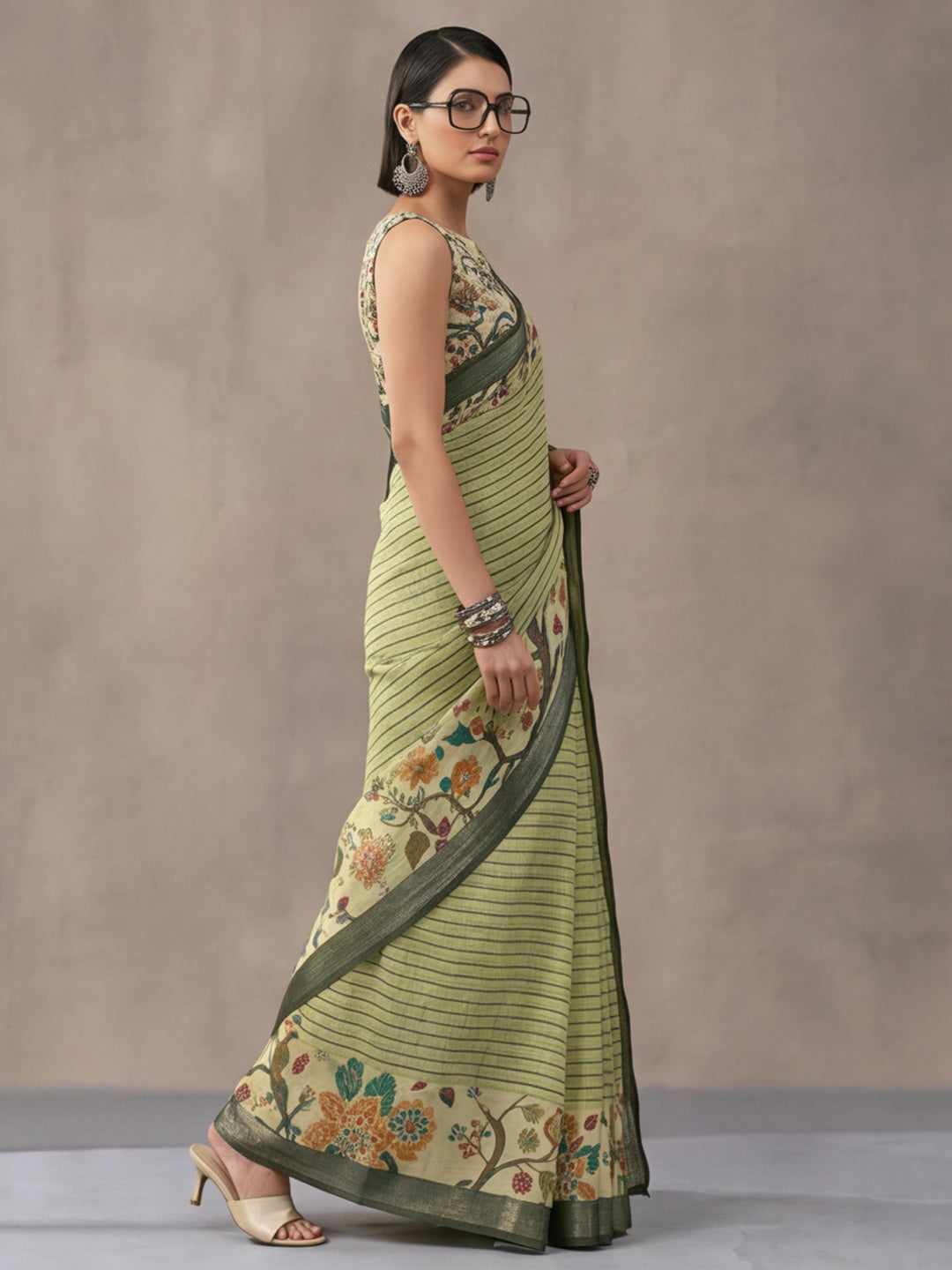 Pista Green Linen Cotton Digital Printed Floral Saree