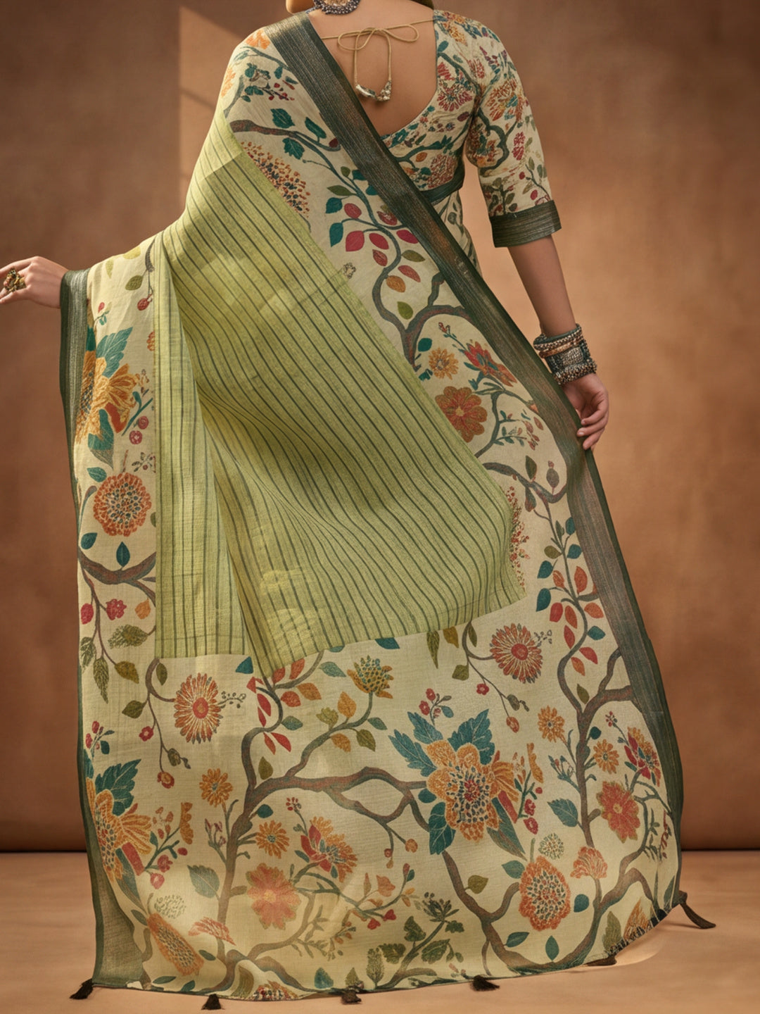 Pista Green Linen Cotton Digital Printed Floral Saree