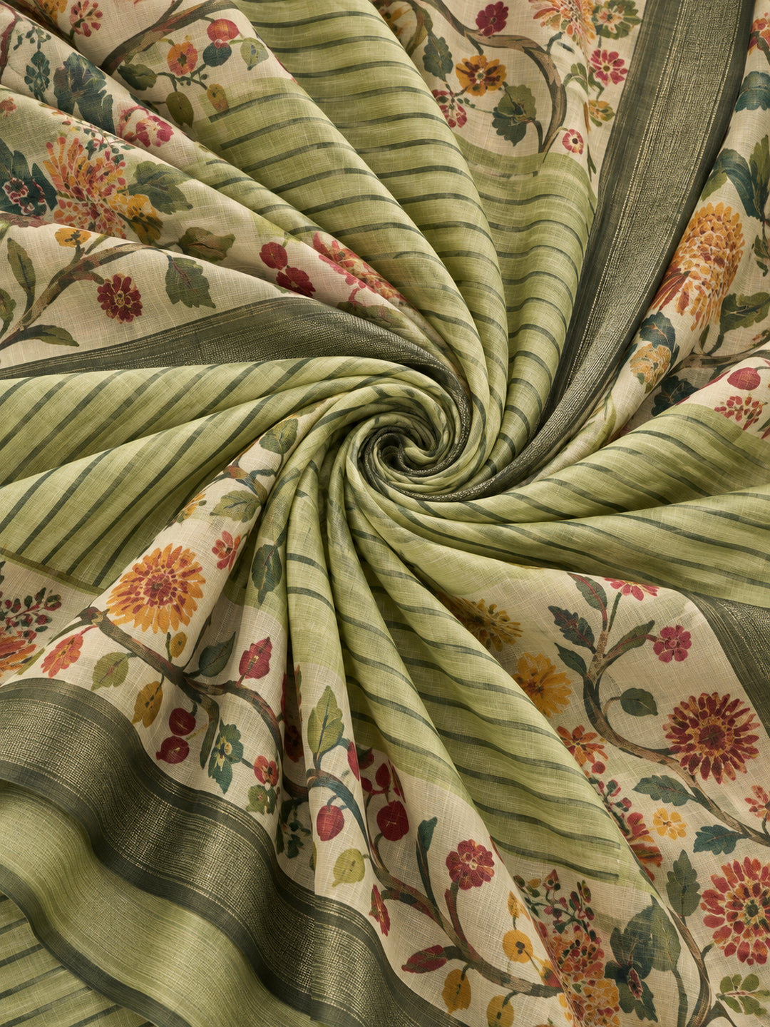 Pista Green Linen Cotton Digital Printed Floral Saree
