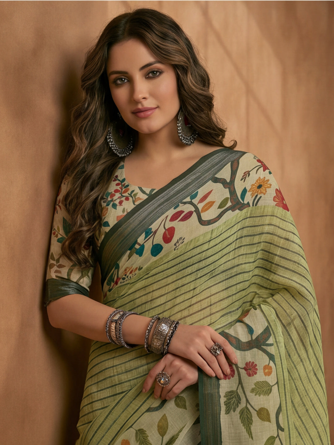 Pista Green Linen Cotton Digital Printed Floral Saree