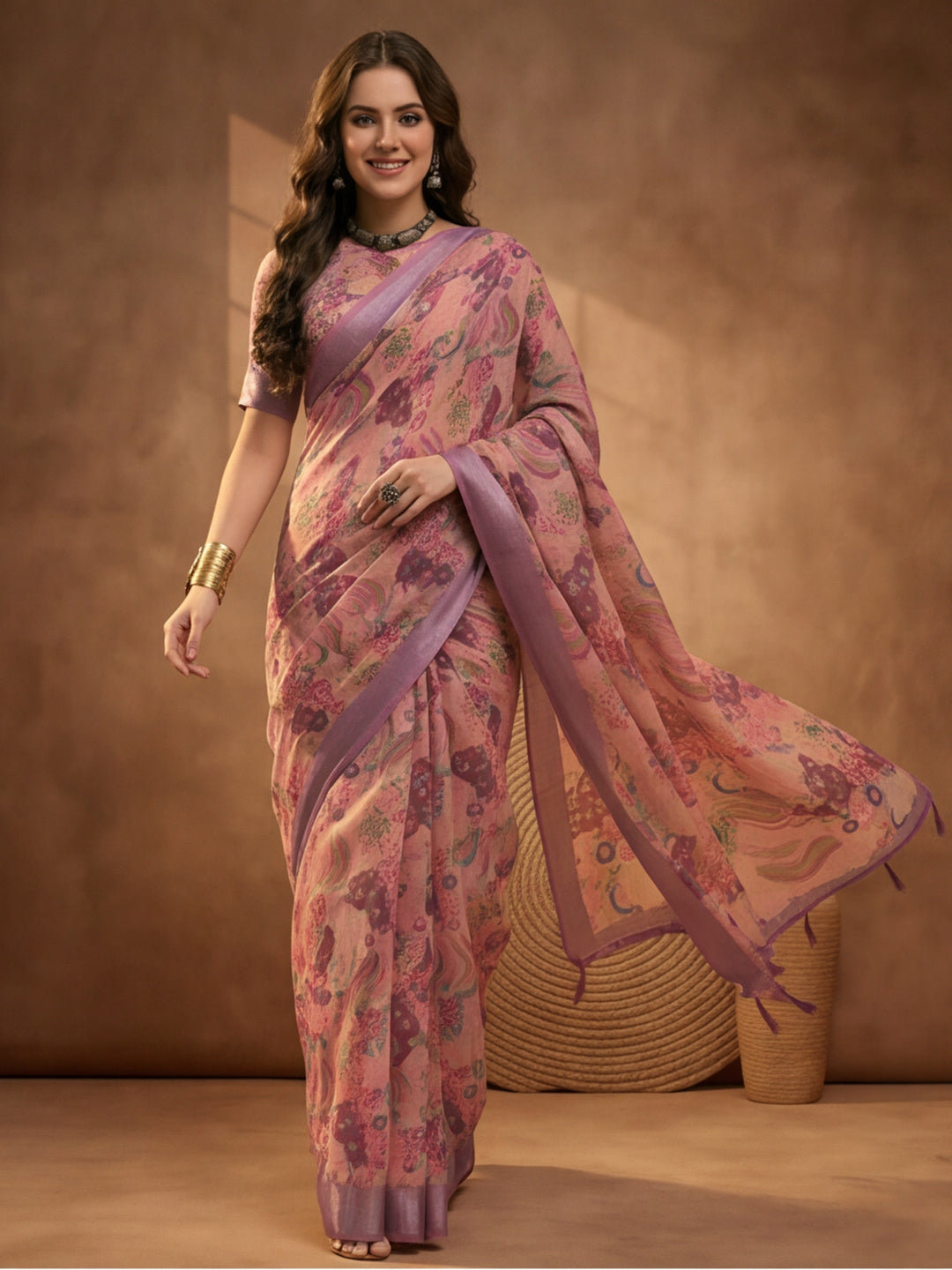 Dusty Pink Linen Cotton Digital Printed Floral Saree