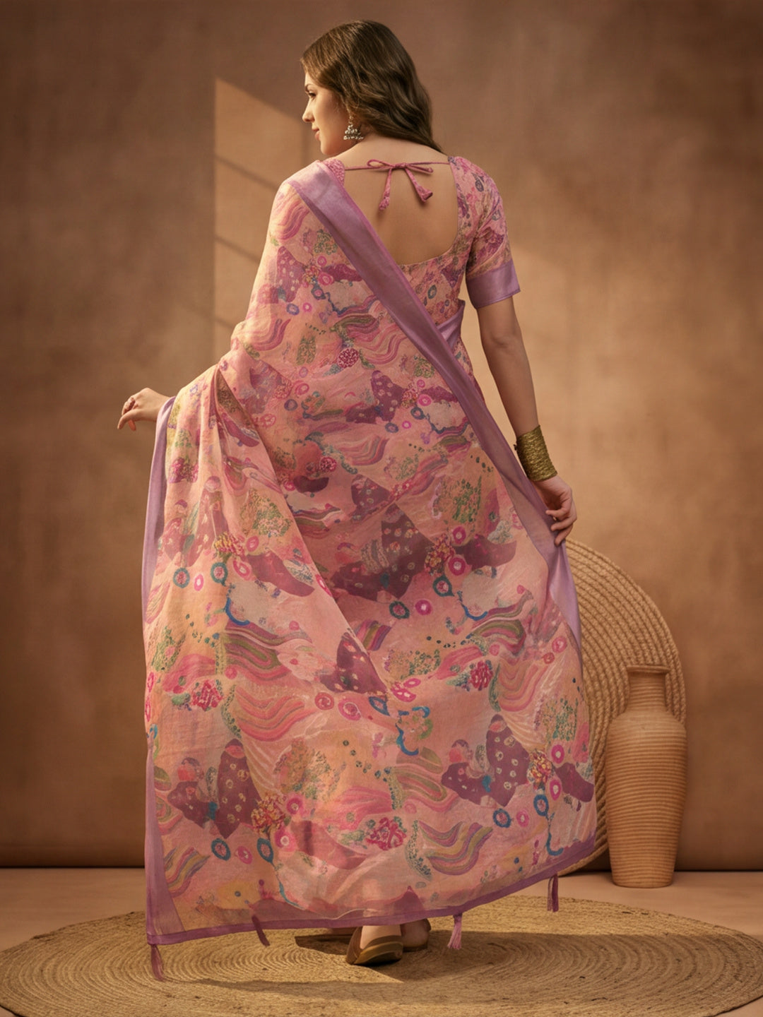 Dusty Pink Linen Cotton Digital Printed Floral Saree