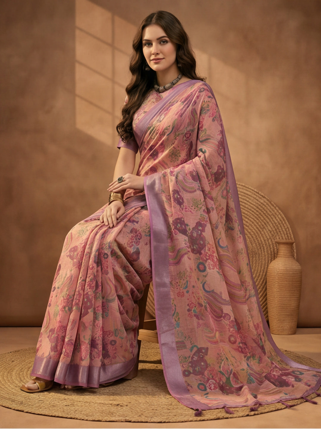 Dusty Pink Linen Cotton Digital Printed Floral Saree