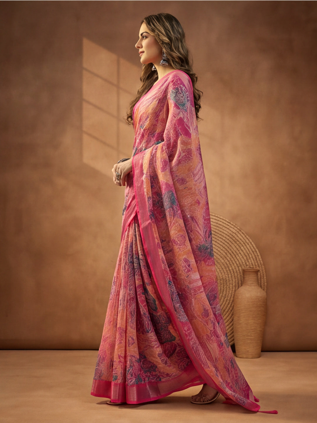 Rani Pink Linen Cotton Digital Printed Paisley Saree