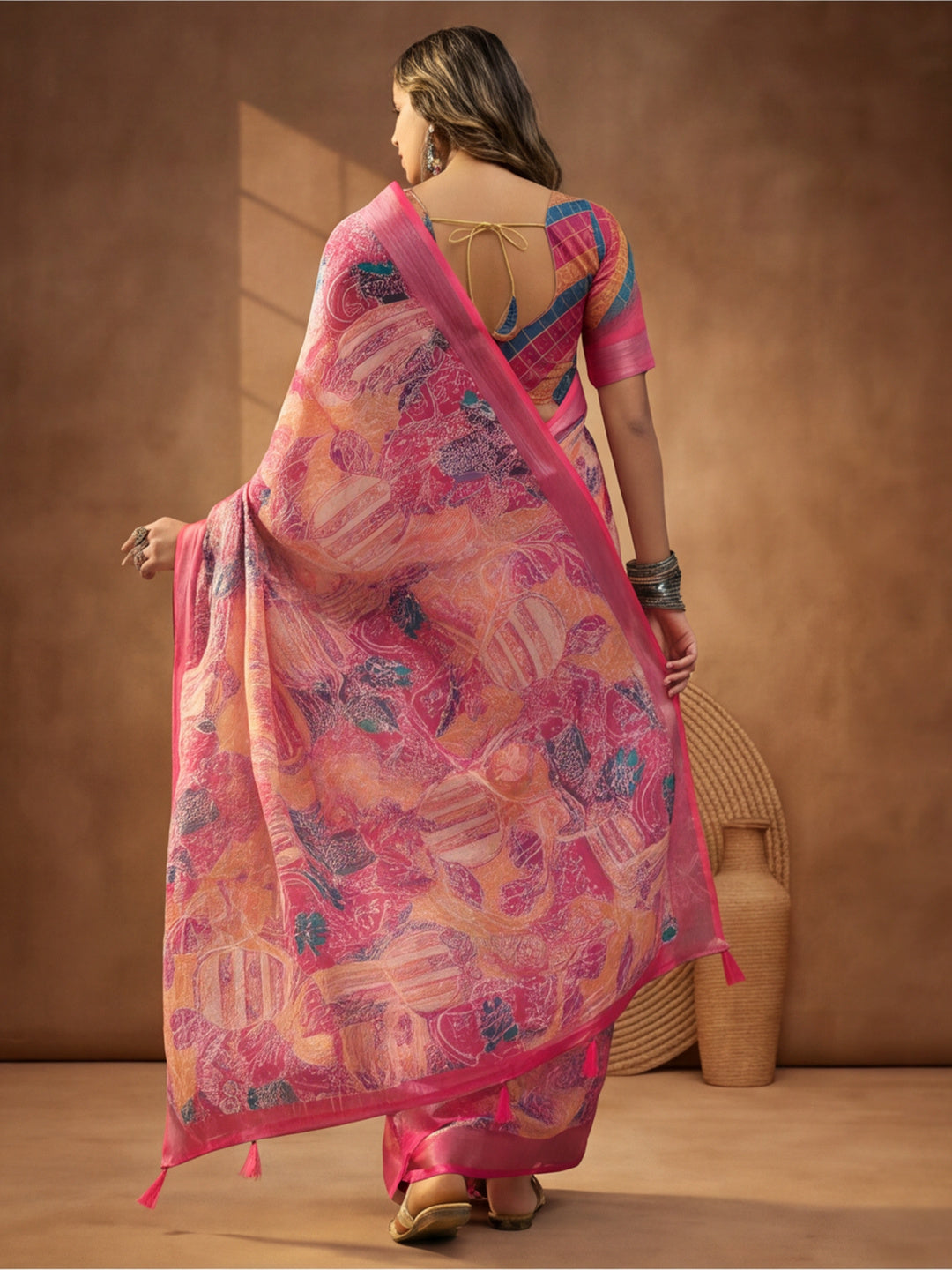 Rani Pink Linen Cotton Digital Printed Paisley Saree