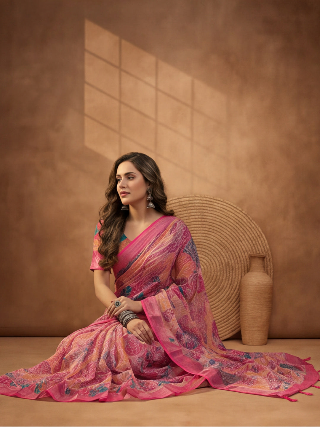 Rani Pink Linen Cotton Digital Printed Paisley Saree