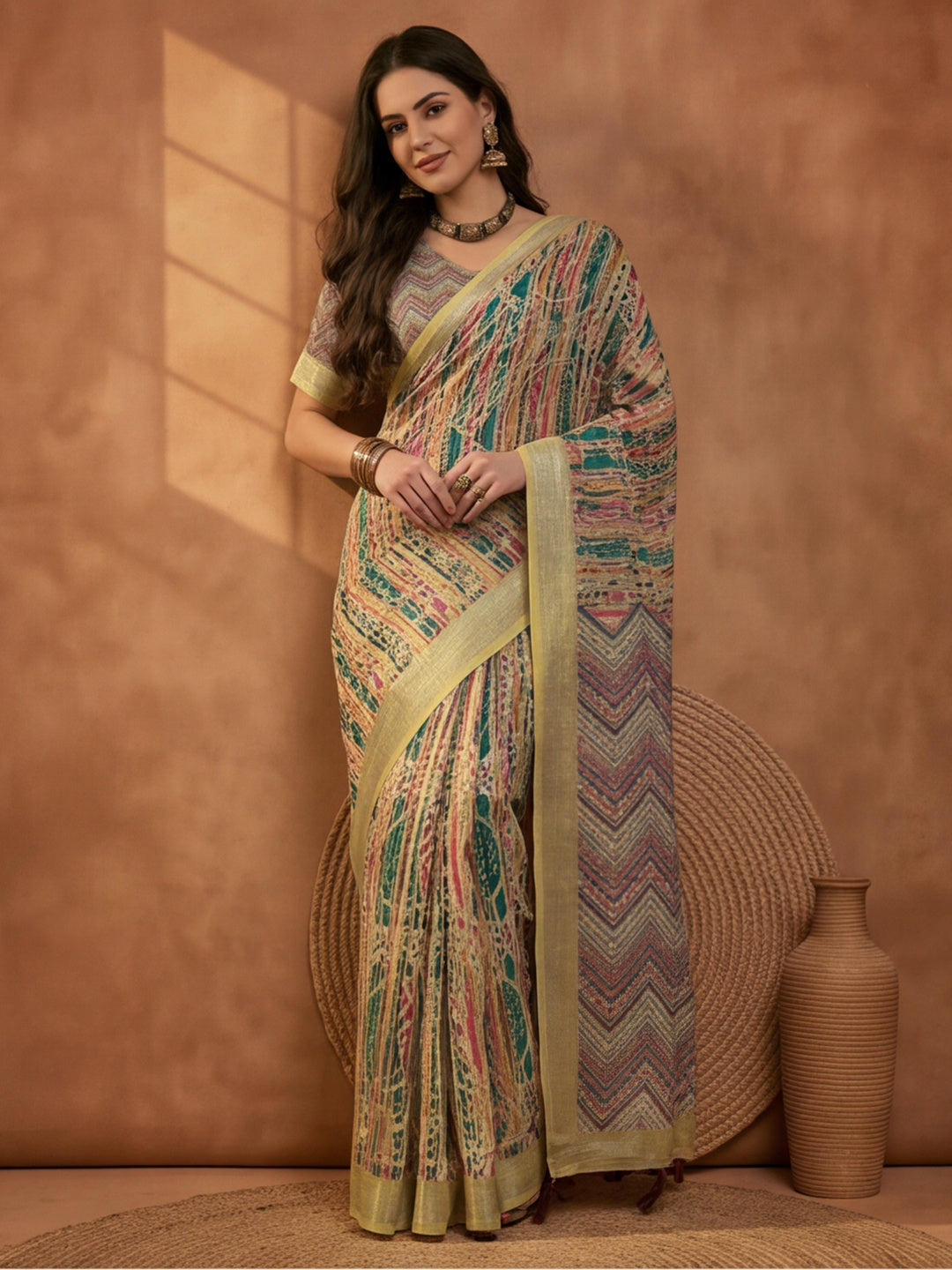 Multicolour Linen Cotton Digital Printed Chevron Saree