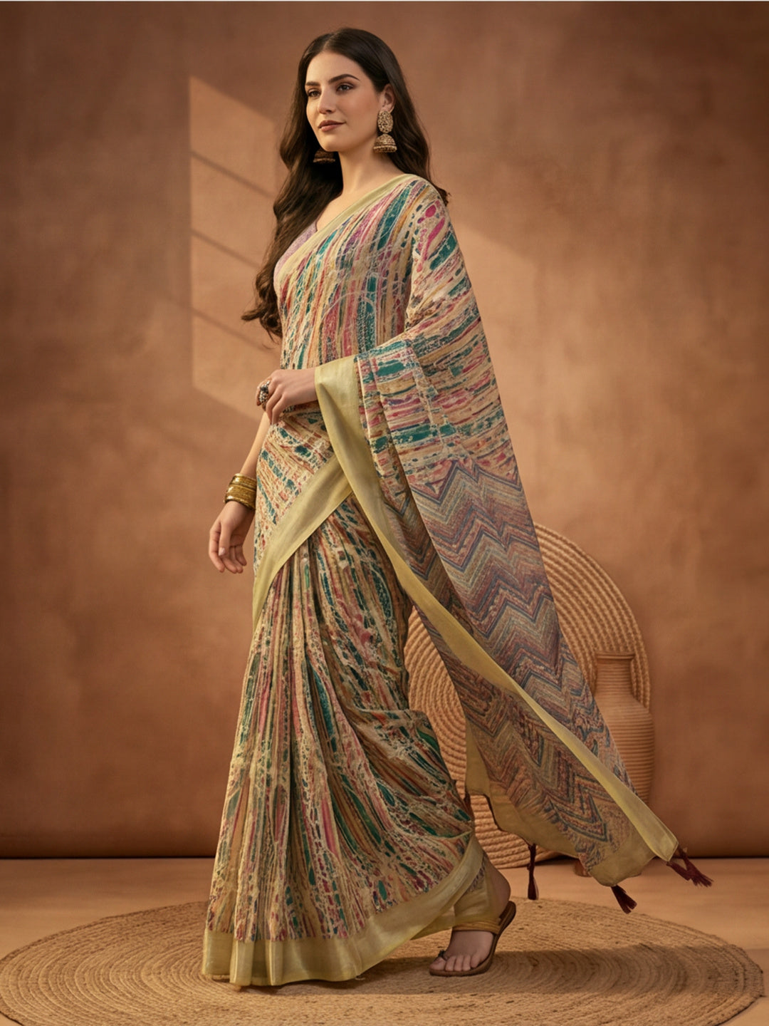 Multicolour Linen Cotton Digital Printed Chevron Saree