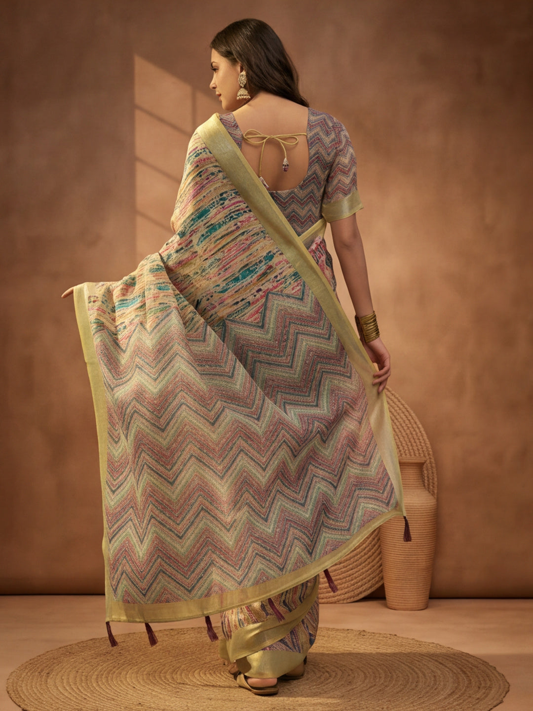 Multicolour Linen Cotton Digital Printed Chevron Saree