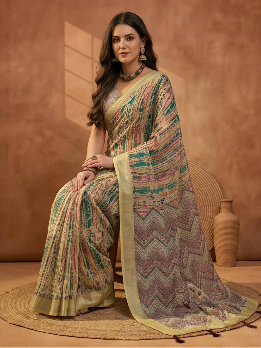 Multicolour Linen Cotton Digital Printed Chevron Saree