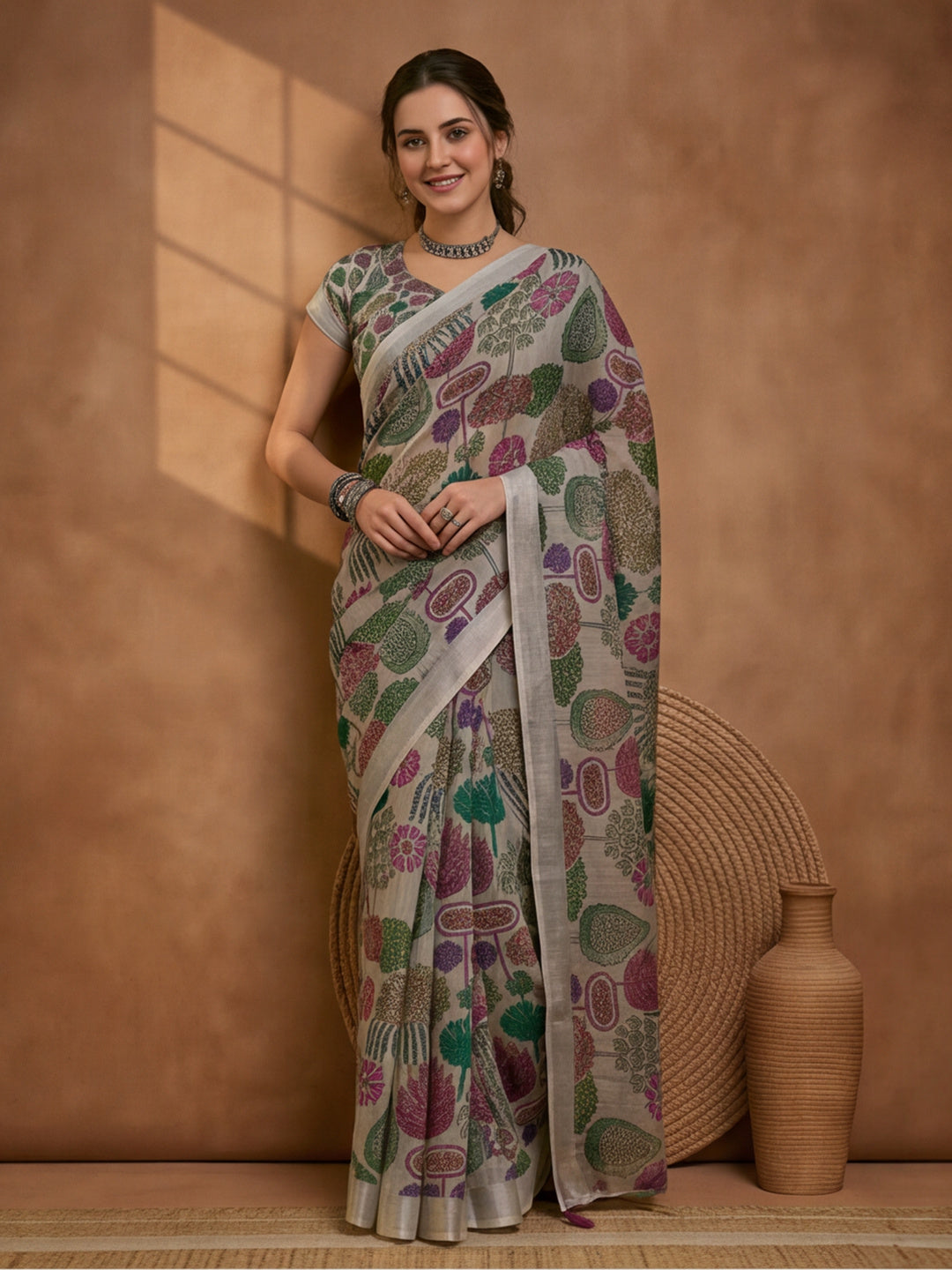 Beige Linen Cotton Digital Printed Floral Saree