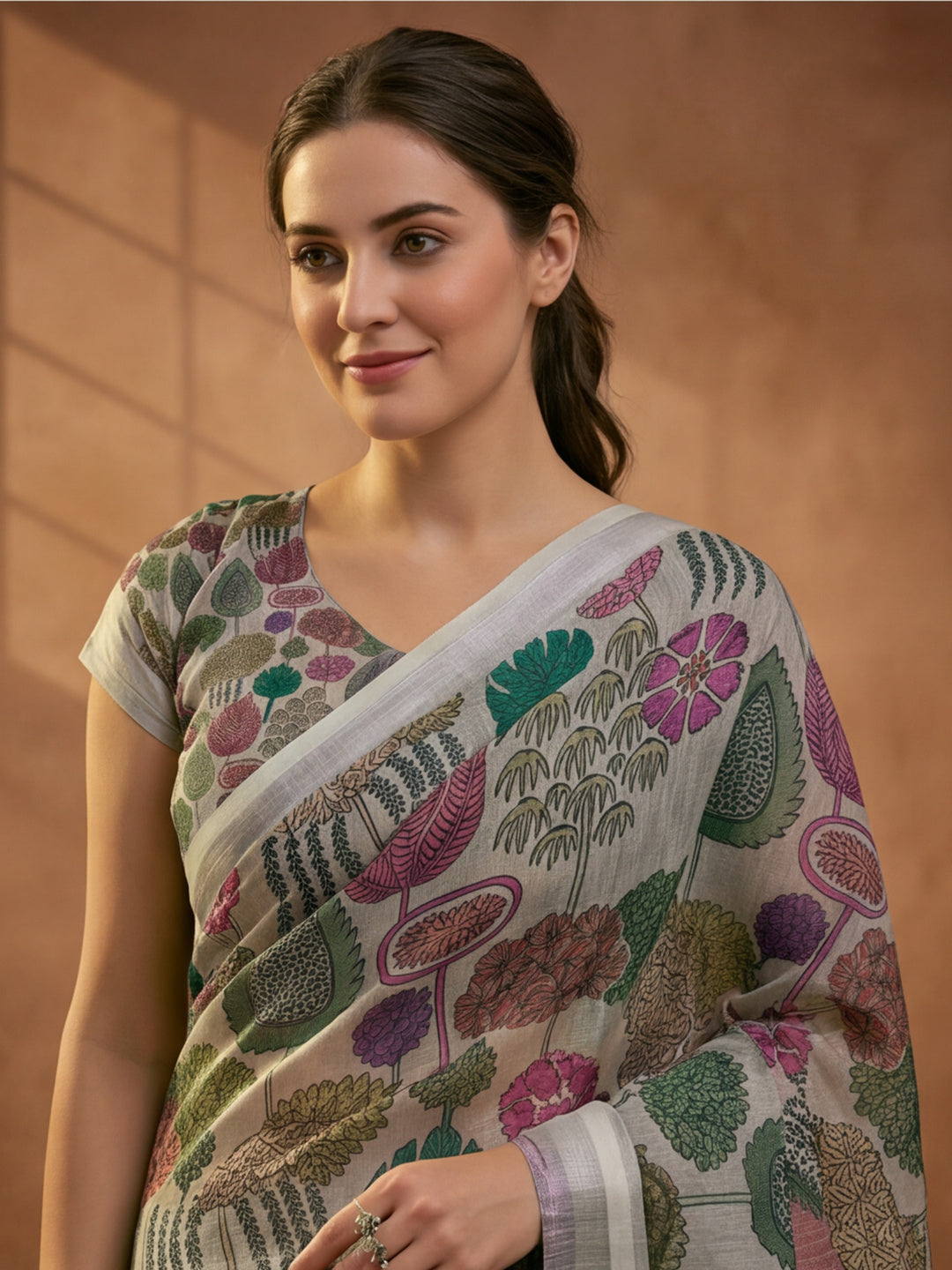 Beige Linen Cotton Digital Printed Floral Saree
