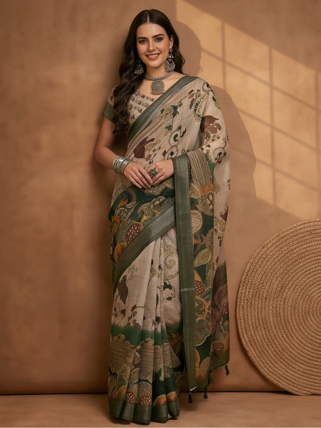 Beige Green Linen Cotton Digital Printed Kalamkari Saree