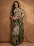 Beige Green Linen Cotton Digital Printed Kalamkari Saree