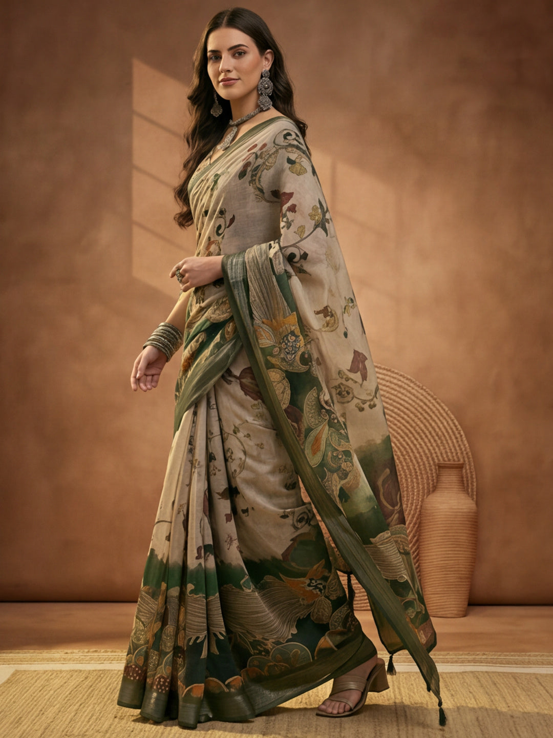 Beige Green Linen Cotton Digital Printed Kalamkari Saree