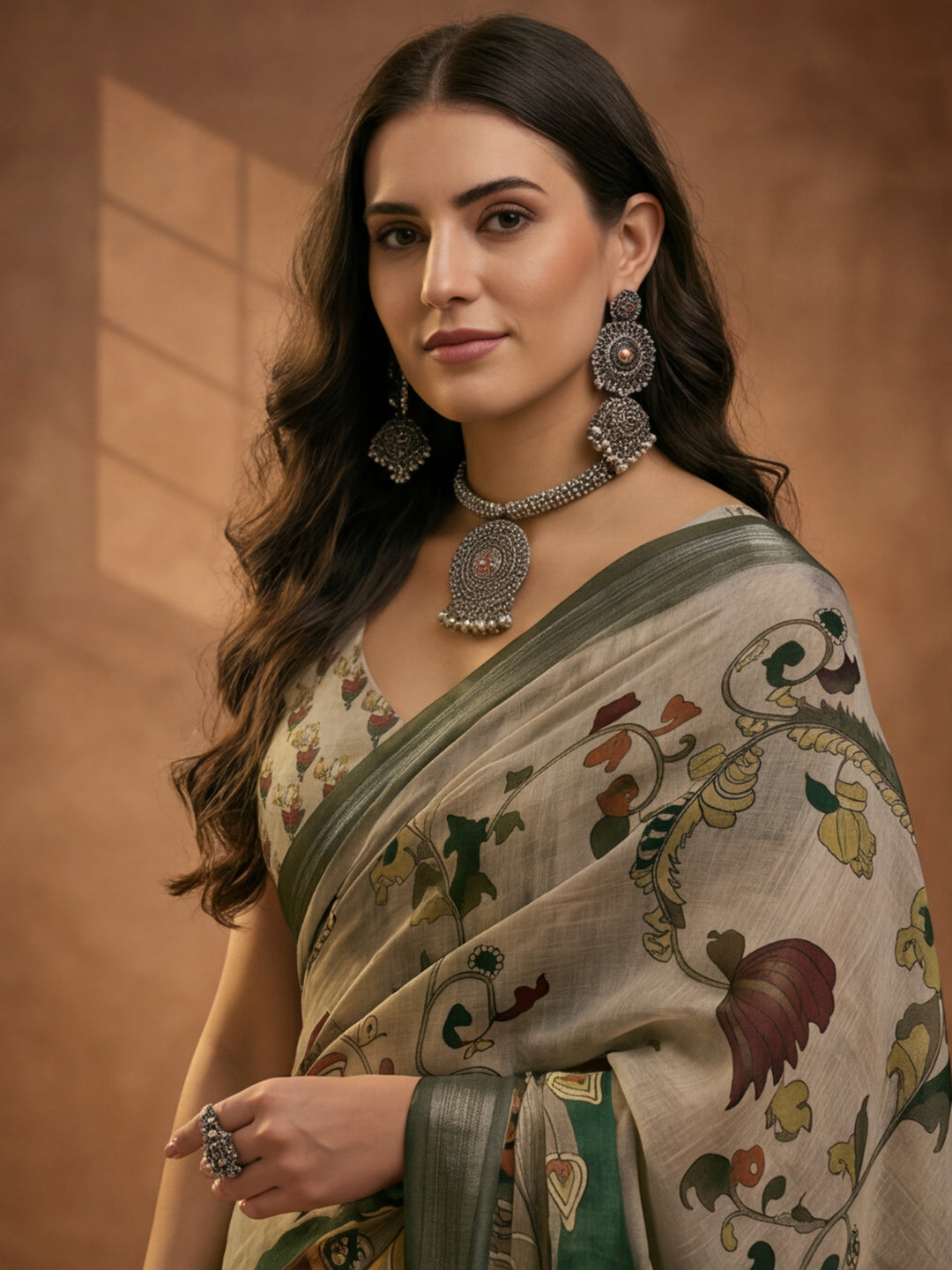 Beige Green Linen Cotton Digital Printed Kalamkari Saree