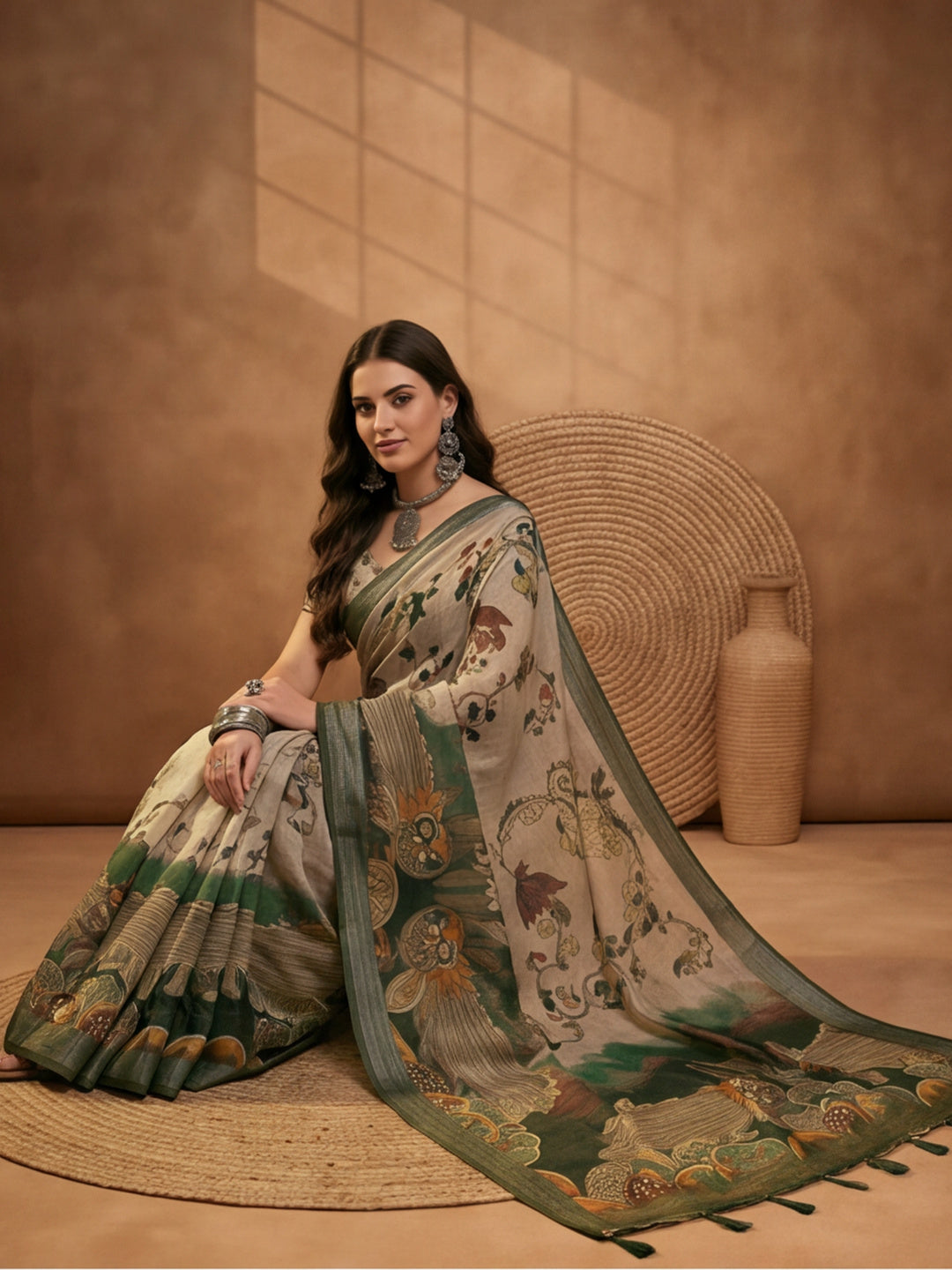 Beige Green Linen Cotton Digital Printed Kalamkari Saree
