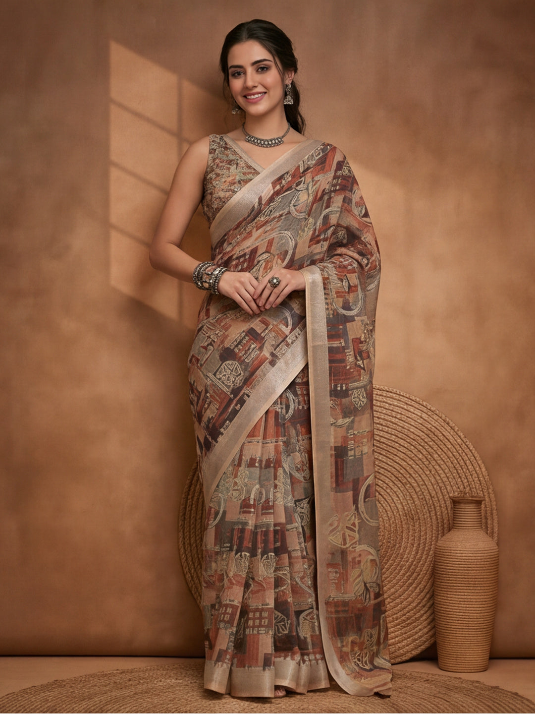 Brown Beige Linen Cotton Abstract Digital Printed Saree