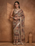 Brown Beige Linen Cotton Abstract Digital Printed Saree