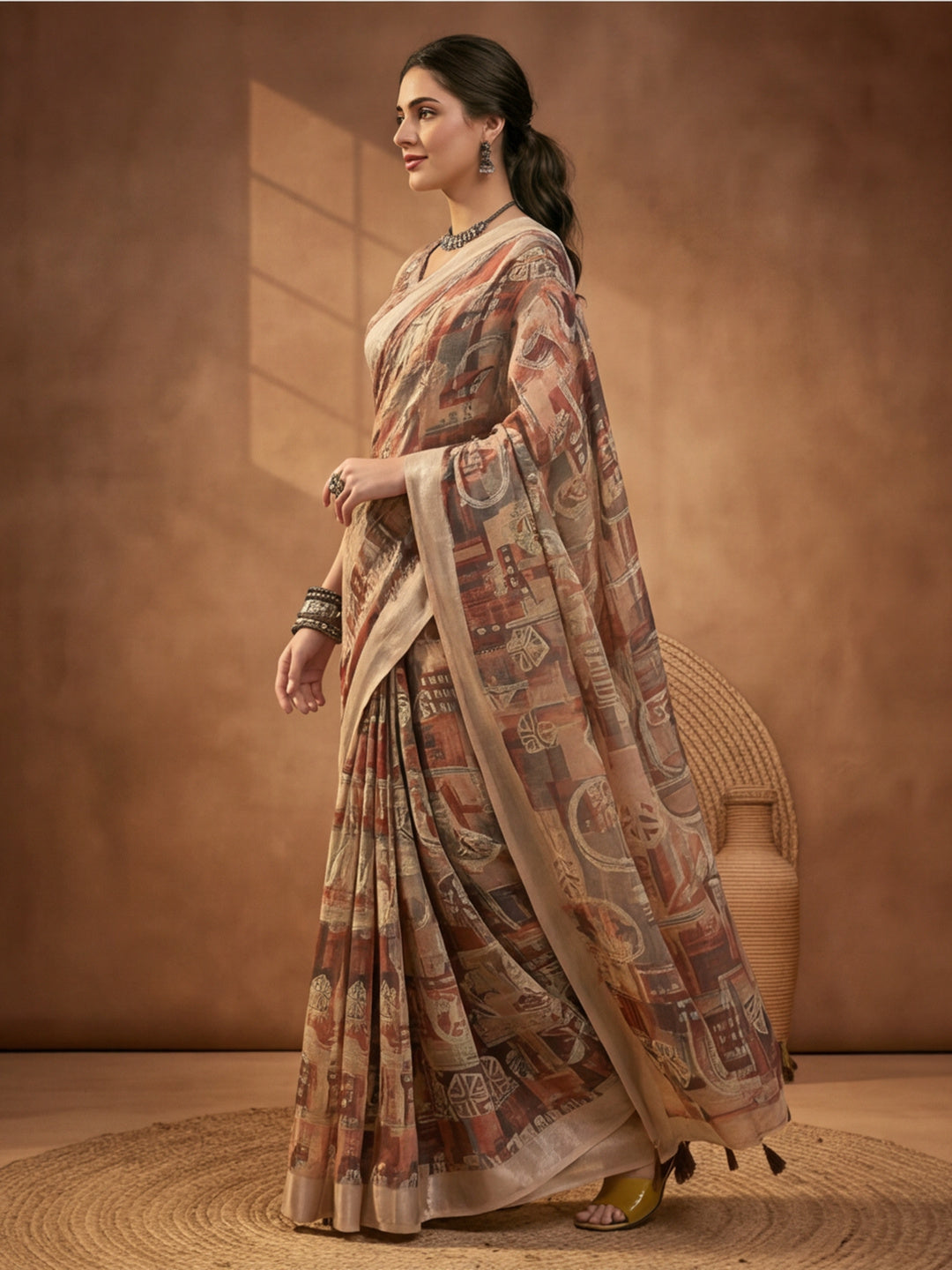 Brown Beige Linen Cotton Abstract Digital Printed Saree