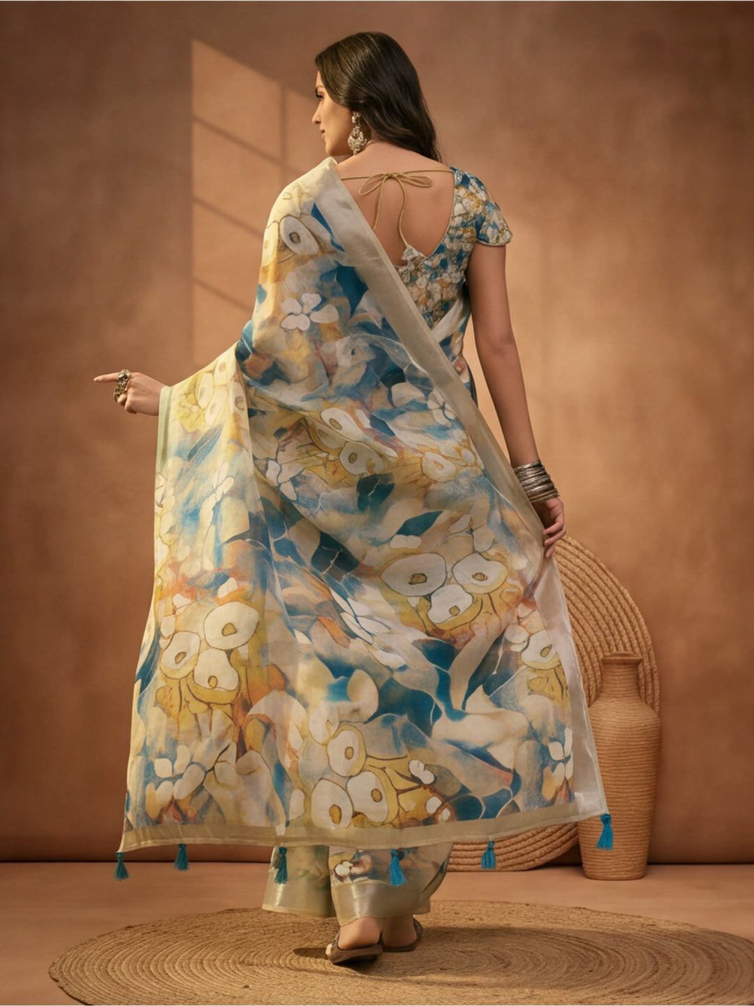 Blue Beige Linen Cotton Floral Digital Printed Saree