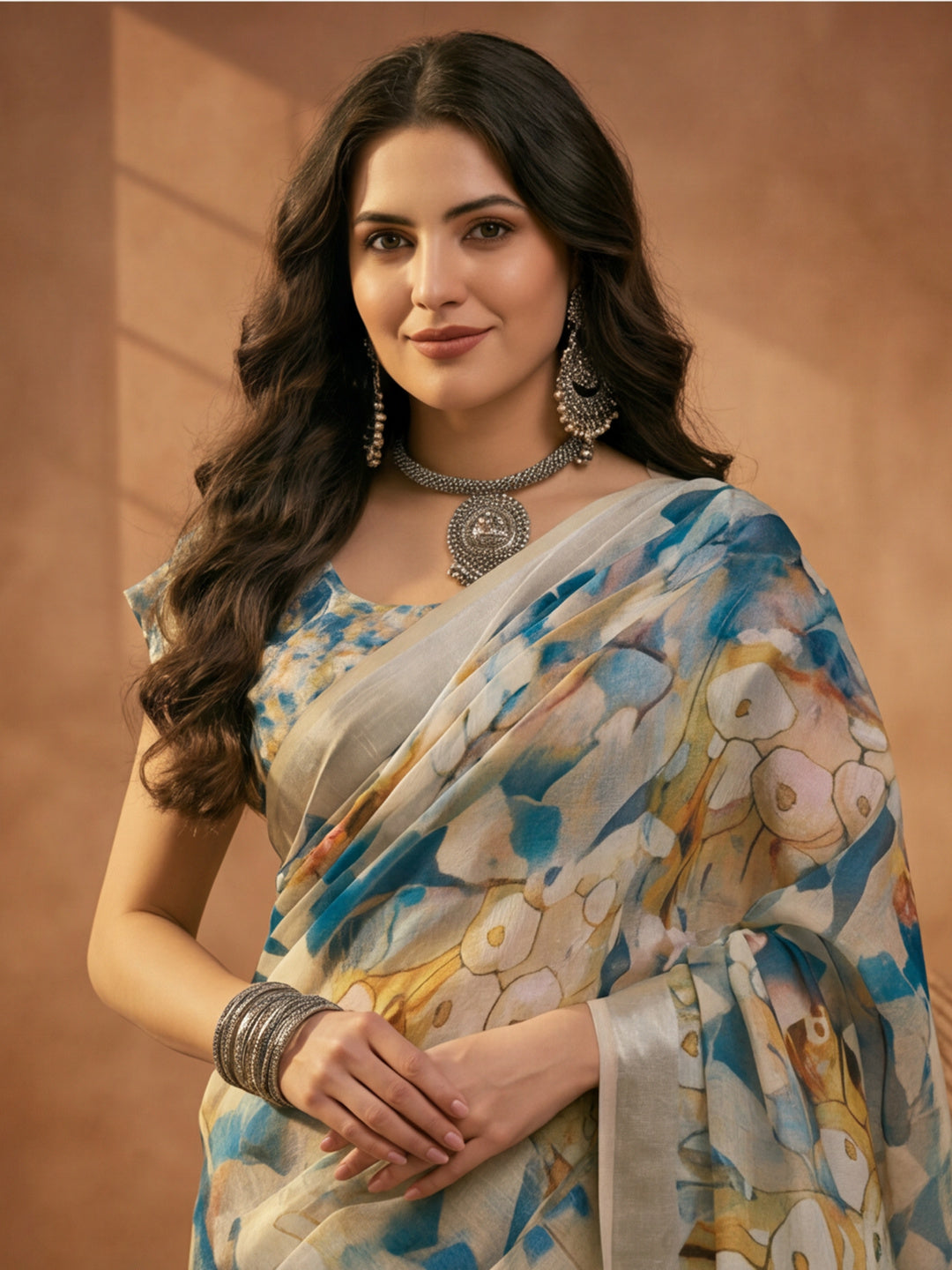 Blue Beige Linen Cotton Floral Digital Printed Saree