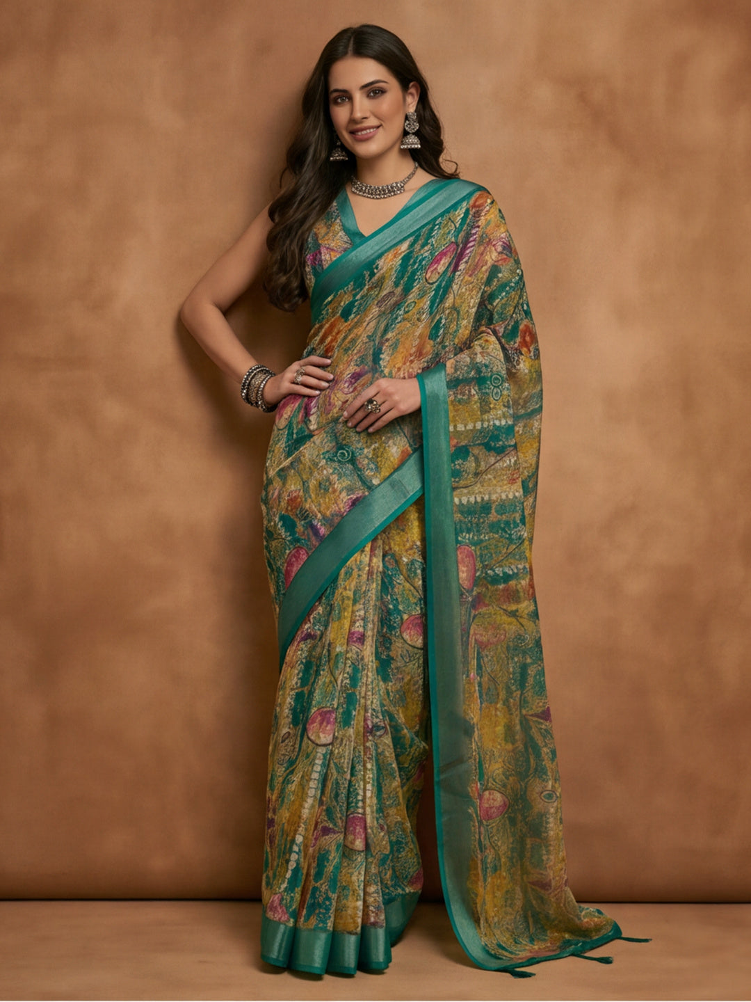 Green Linen Cotton Abstract Digital Printed Saree