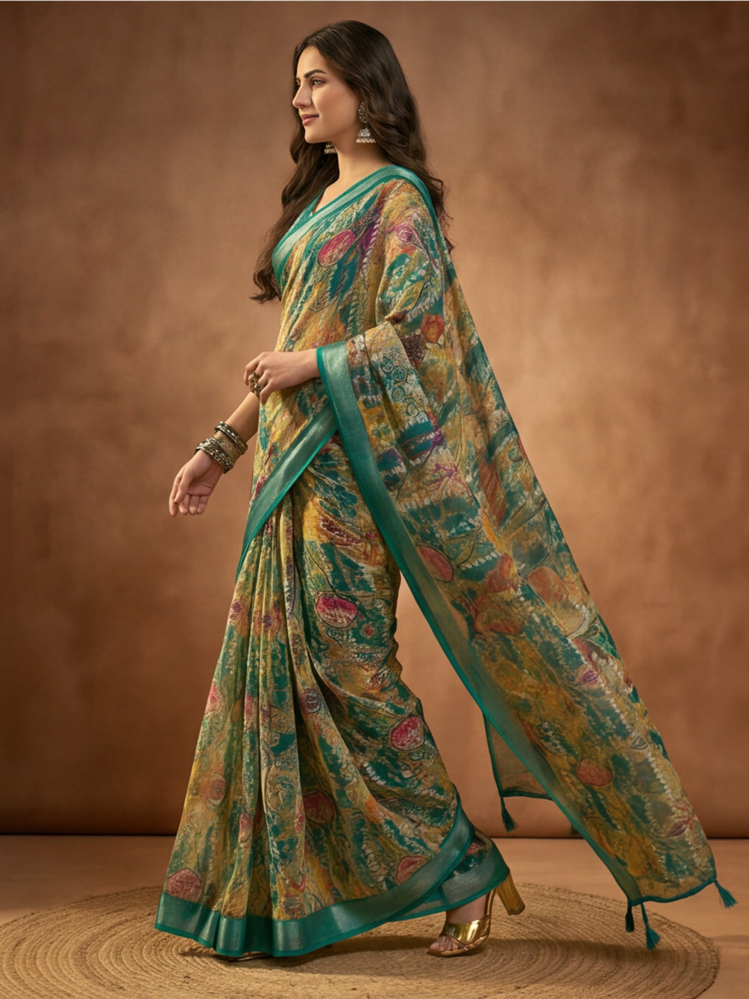 Green Linen Cotton Abstract Digital Printed Saree