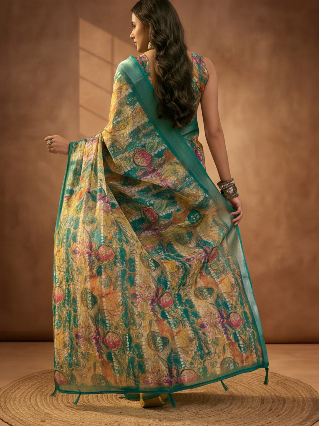 Green Linen Cotton Abstract Digital Printed Saree