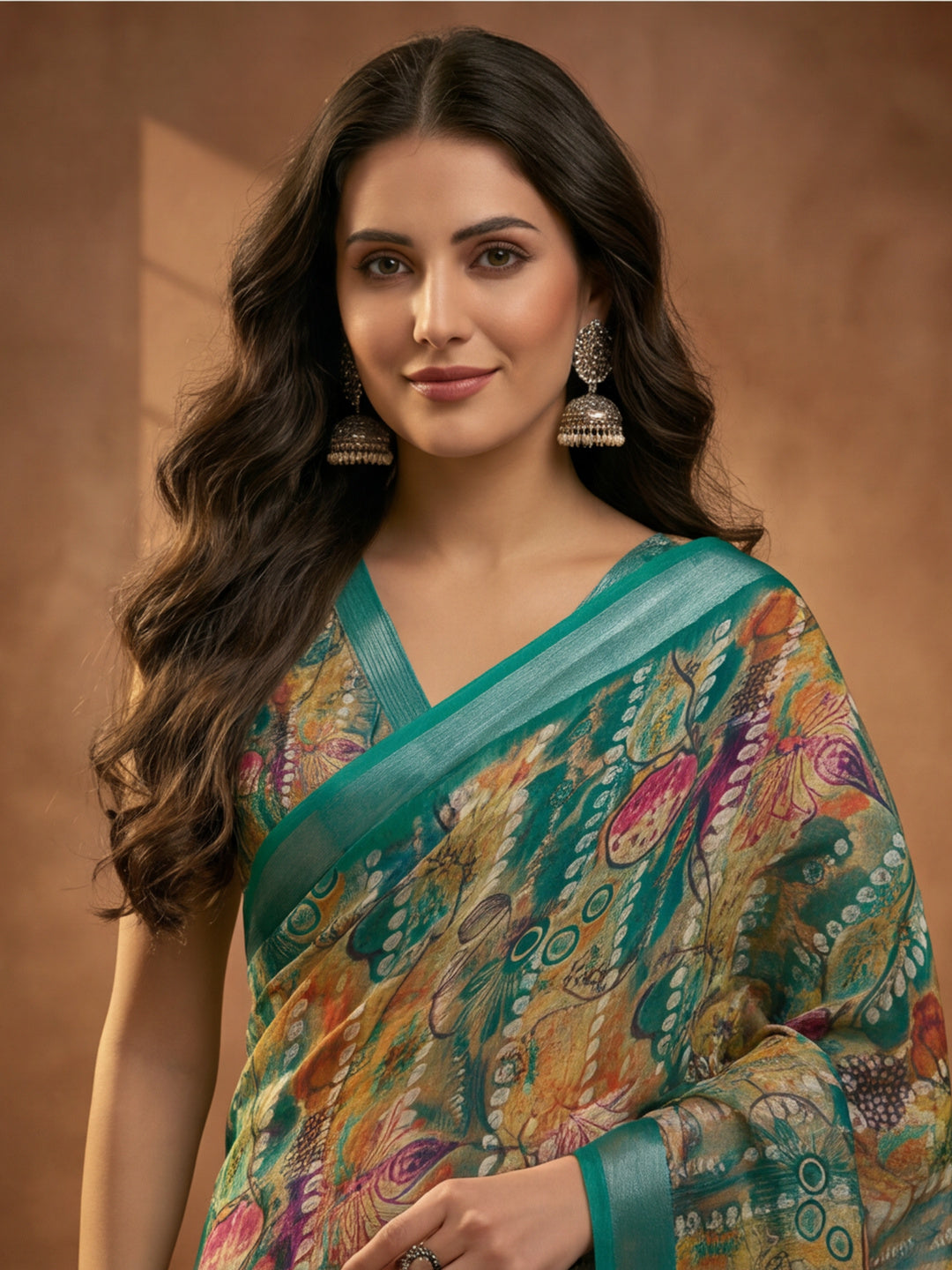Green Linen Cotton Abstract Digital Printed Saree