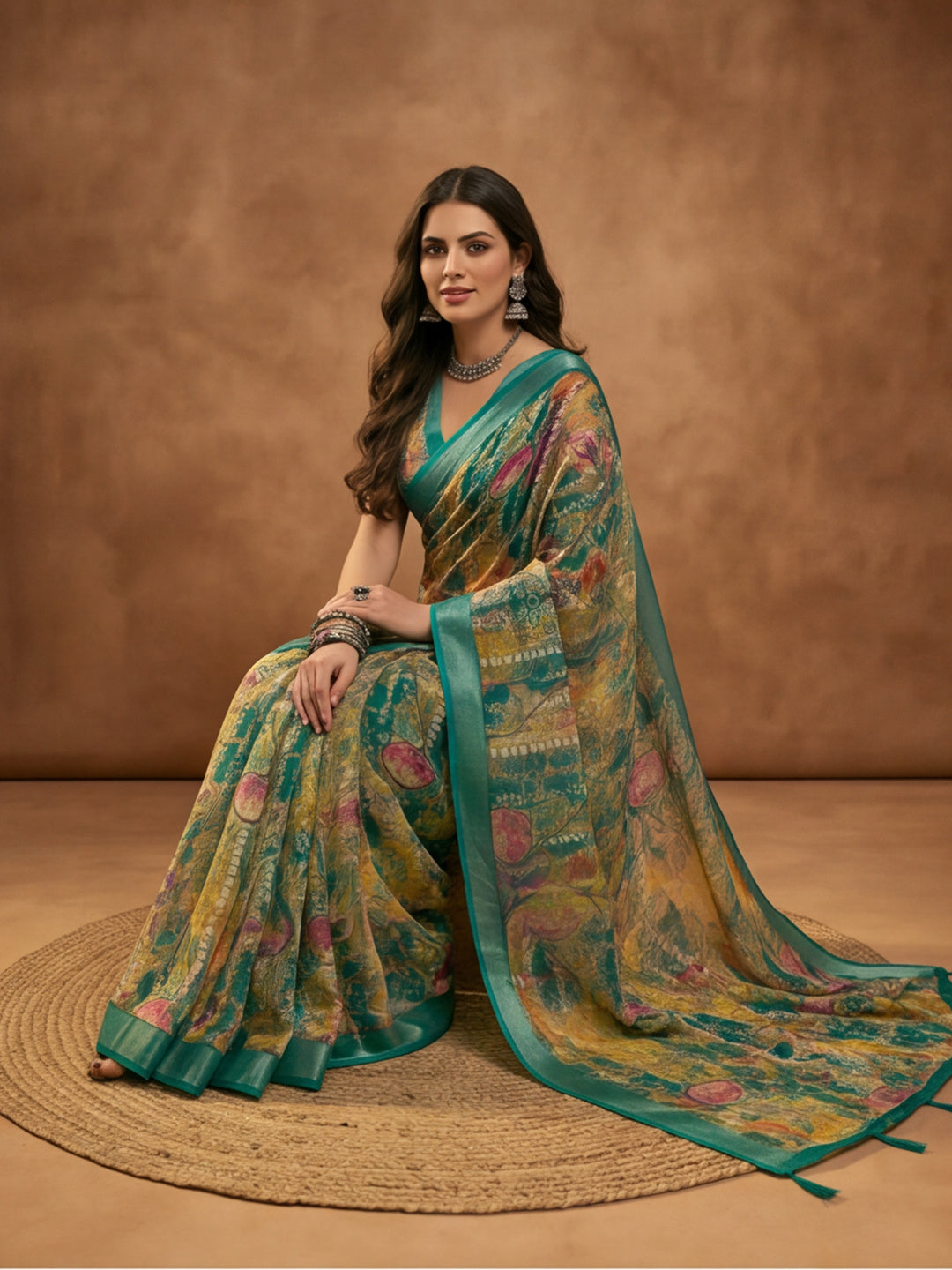 Green Linen Cotton Abstract Digital Printed Saree