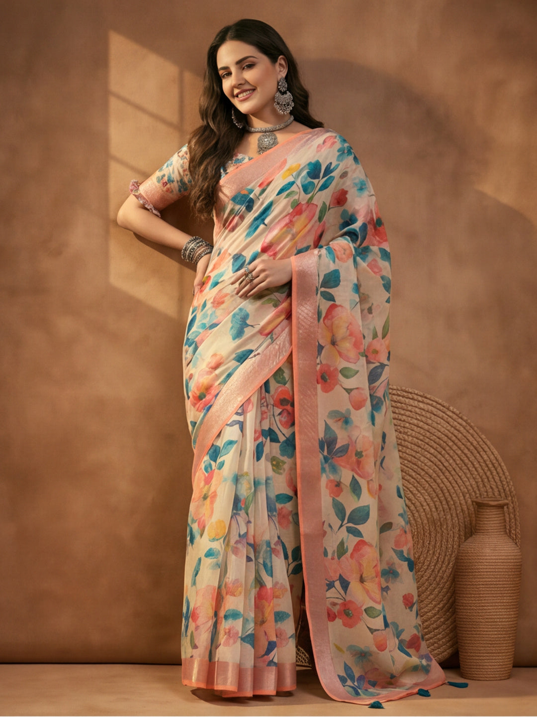 Peach Linen Cotton Floral Digital Printed Saree