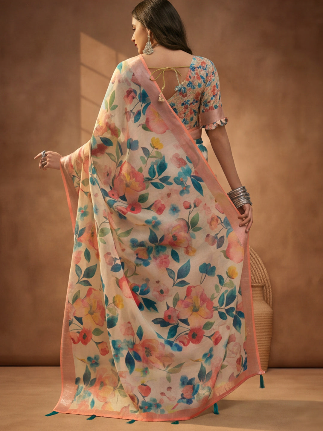 Peach Linen Cotton Floral Digital Printed Saree