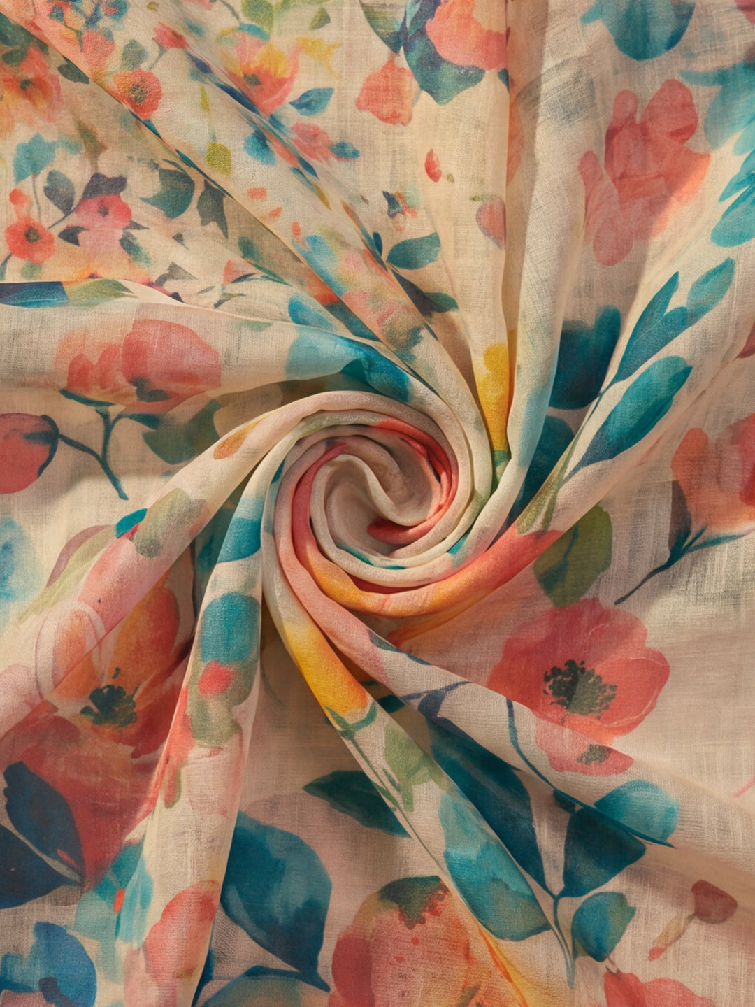 Peach Linen Cotton Floral Digital Printed Saree