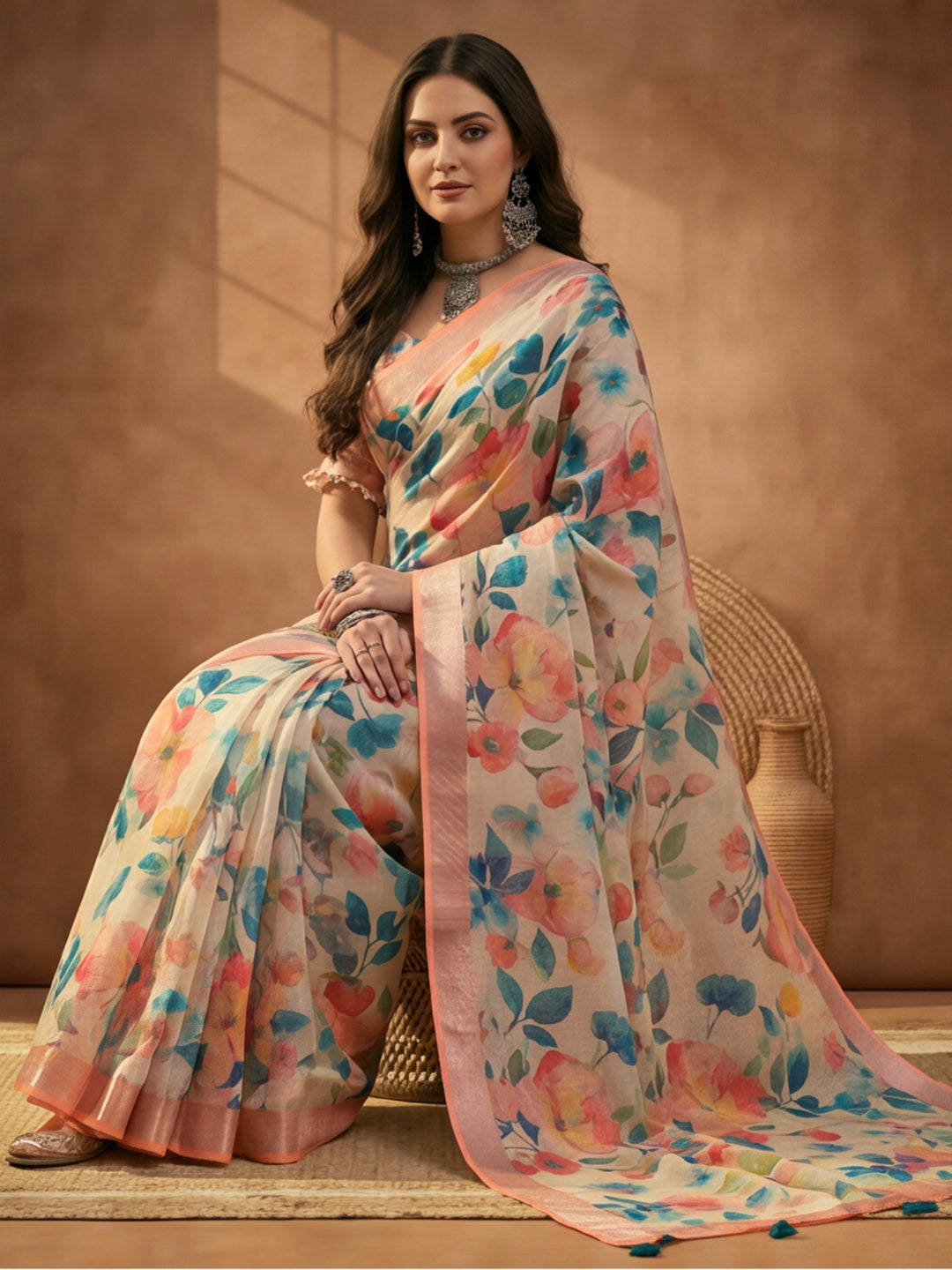 Peach Linen Cotton Floral Digital Printed Saree