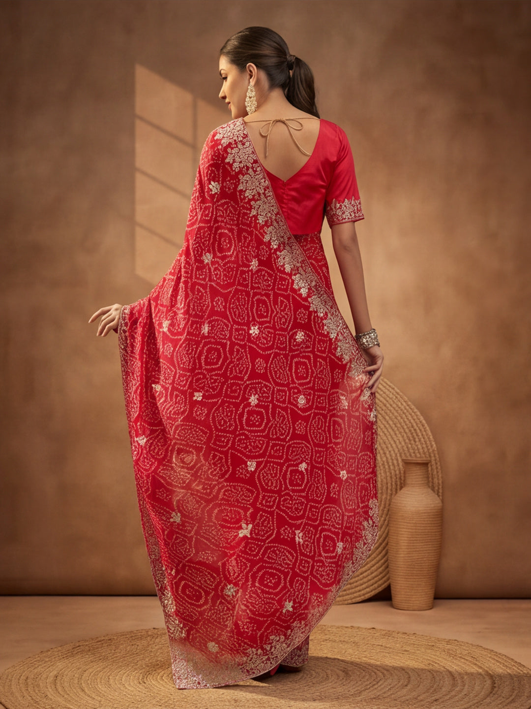 Red Bandhani Printed Saree with Embroidered Border