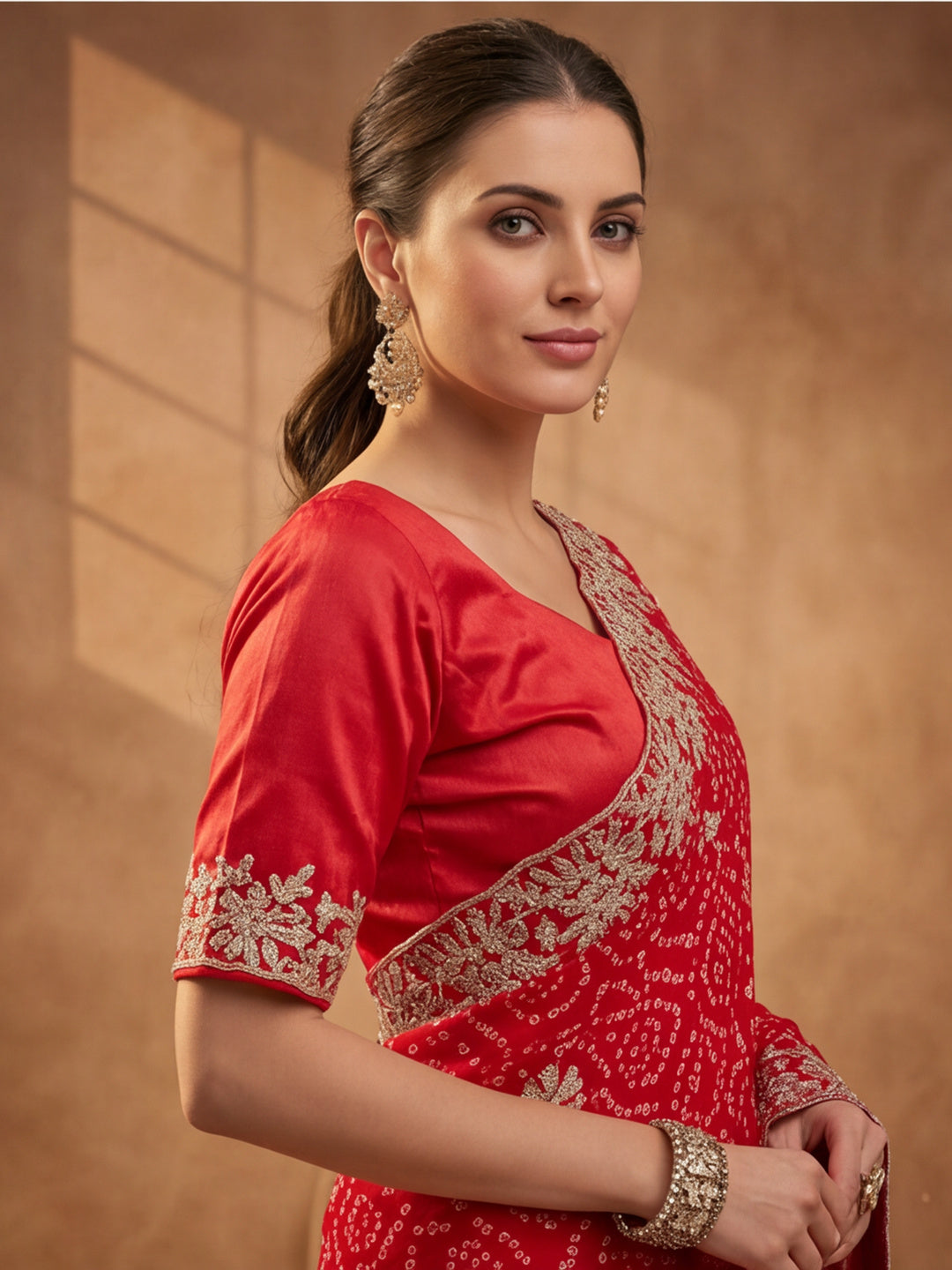 Red Bandhani Printed Saree with Embroidered Border