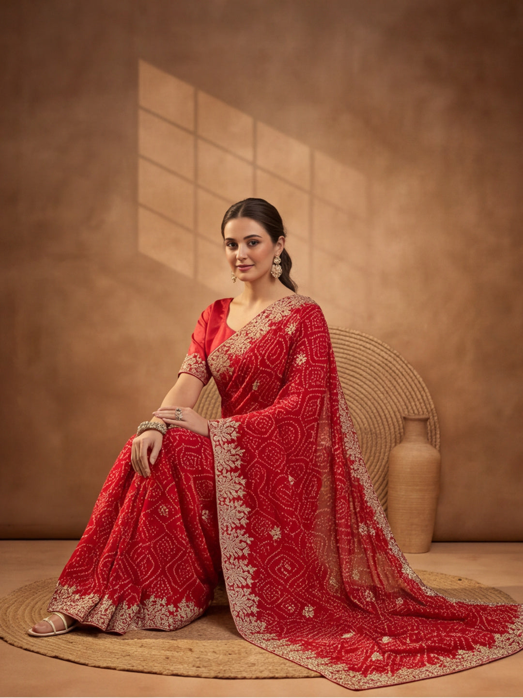 Red Bandhani Printed Saree with Embroidered Border
