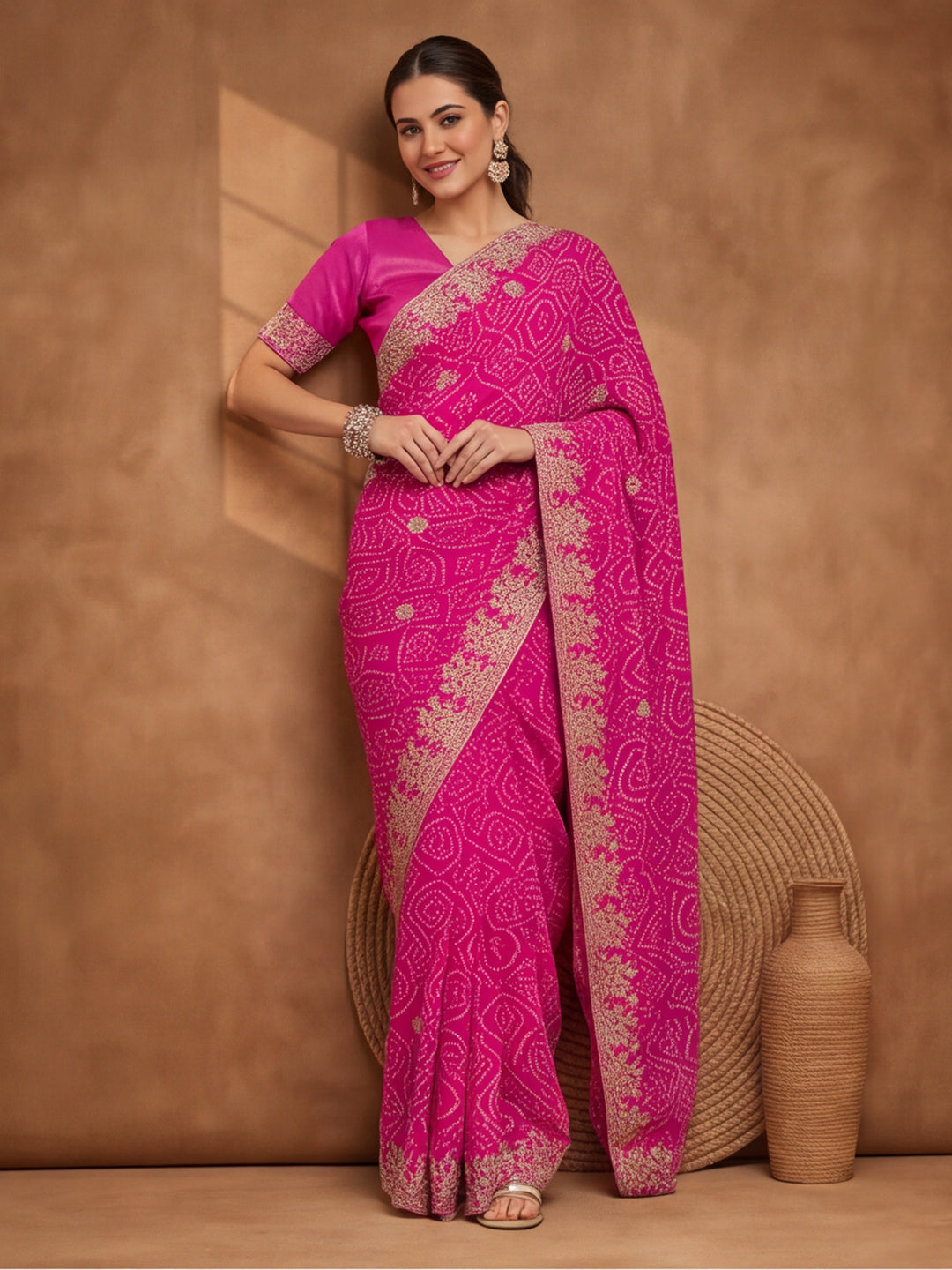 Pink Bandhani Printed Saree with Embroidered Border