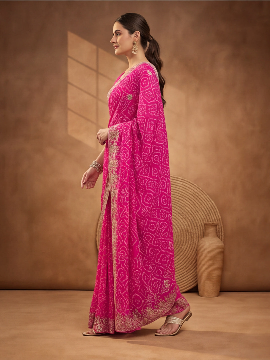 Pink Bandhani Printed Saree with Embroidered Border