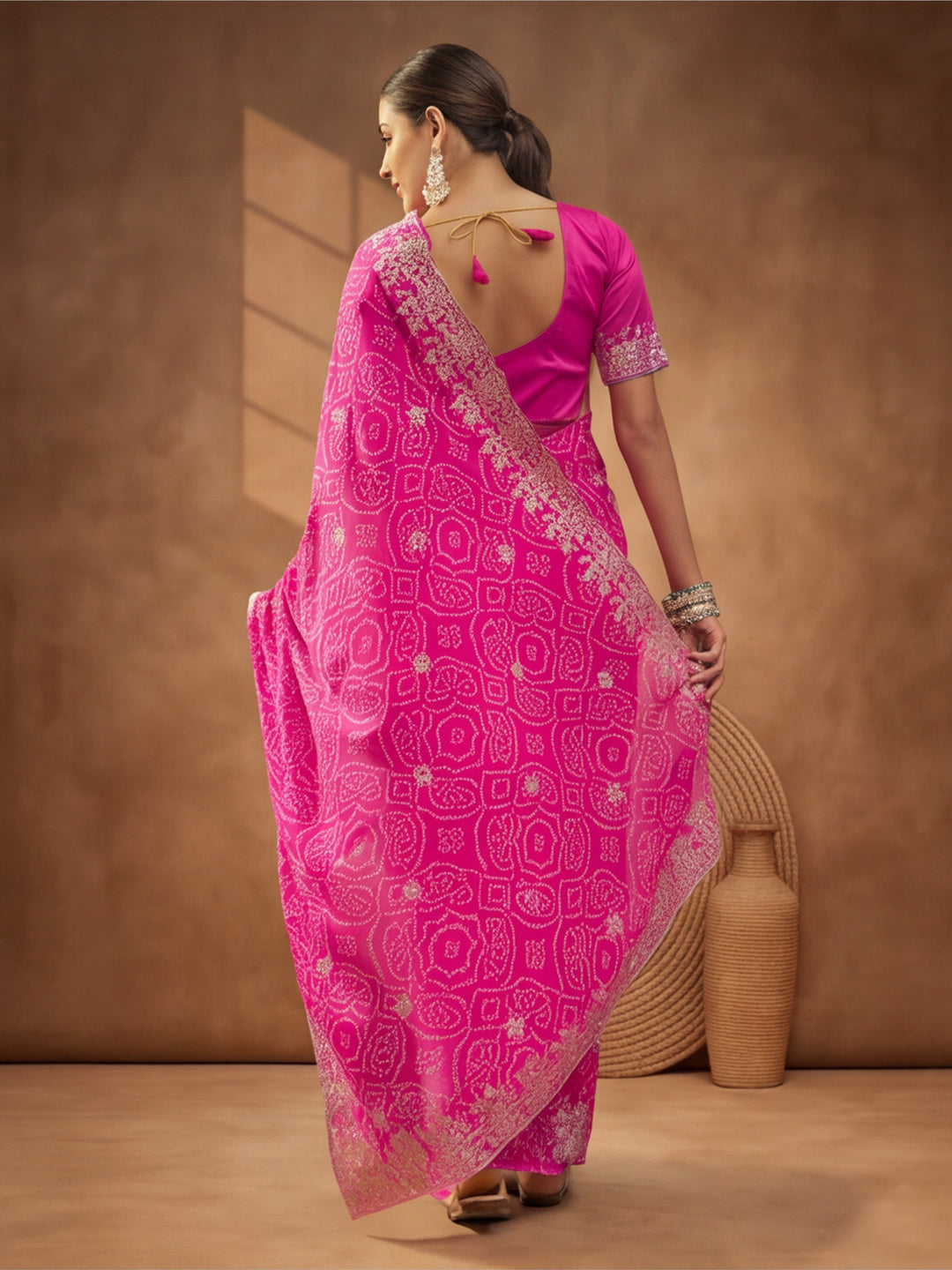Pink Bandhani Printed Saree with Embroidered Border
