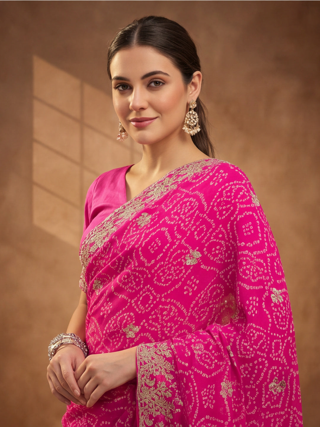 Pink Bandhani Printed Saree with Embroidered Border